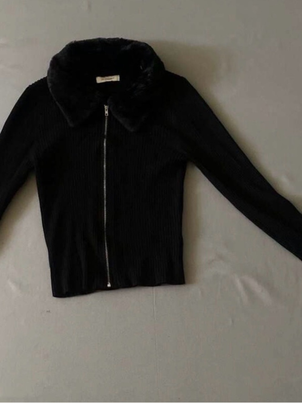 NWT Women's Black Faux Fur Collar Zip-Up Sweater Jacket